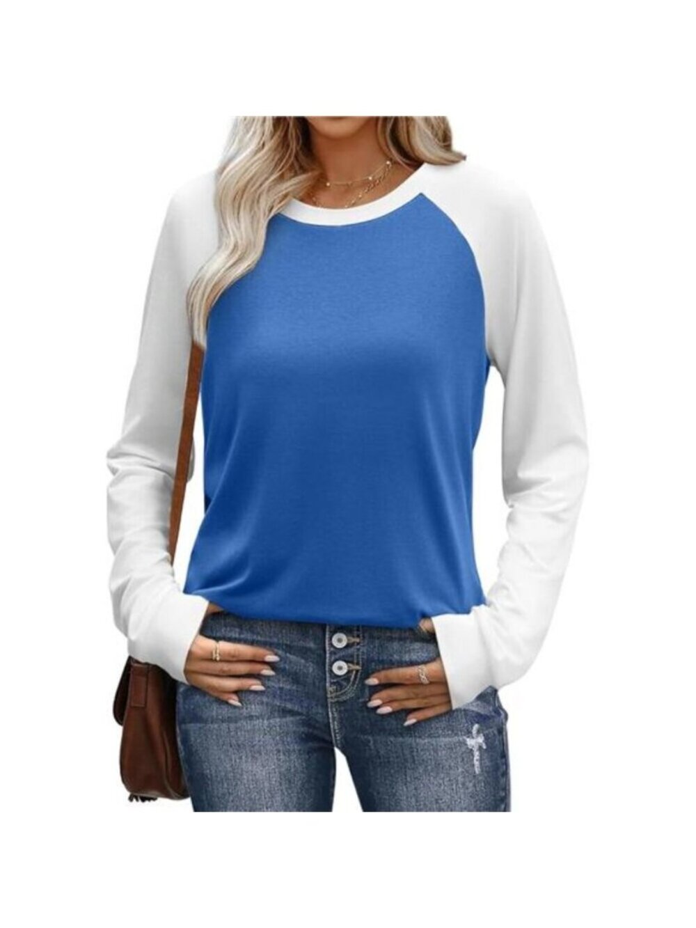 Long Sleeve Shirts for Women Color Block Raglan Tops Casual Crewneck - Picture 2 of 6